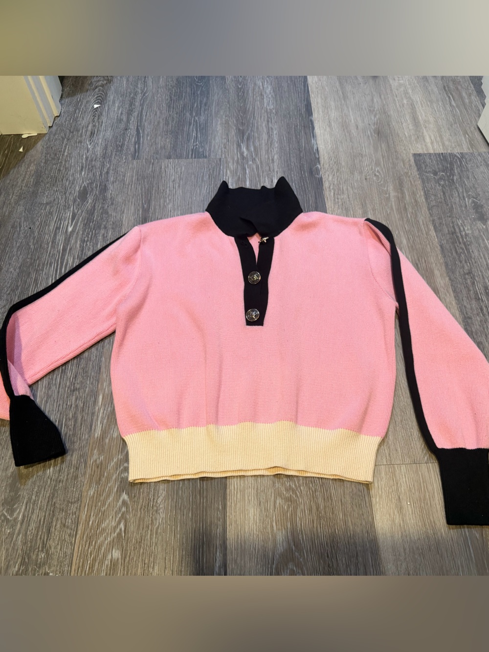THML Pink and Black Colorblock Mock-Neck Sweater with Cream Hem